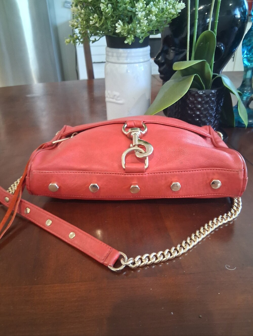 Rebecca Minkoff Coral-Red Leather Crossbody with Gold Chain